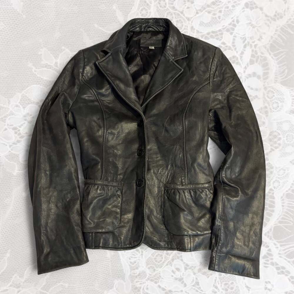 BGSD Genuine Leather Fitted Blazer Jacket Black Large